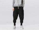Riolio Cotton Linen Harem Pants Men Solid Elastic Waist Streetwear Joggers New Baggy Drop-crotch Pants Casual Trousers Men