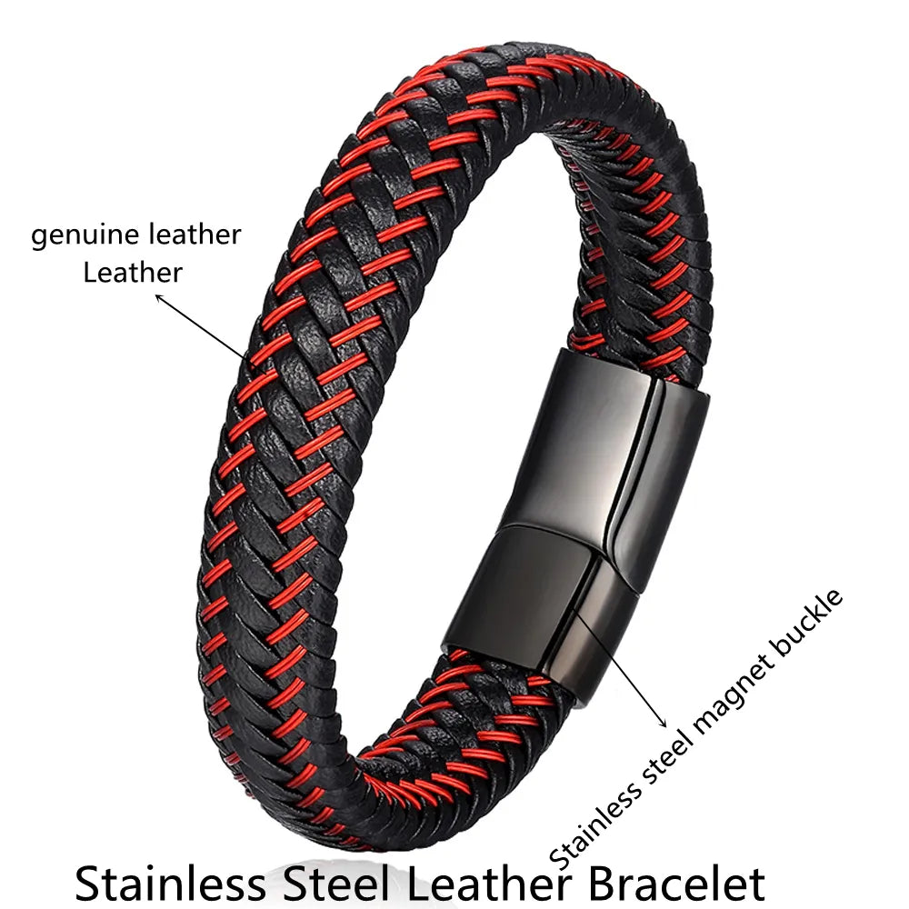 Riolio Leather Rope Bracelet Stainless Steel Leather Braided Bracelet Leather Bracelet Red Bracelet Men's Leather Jewelry