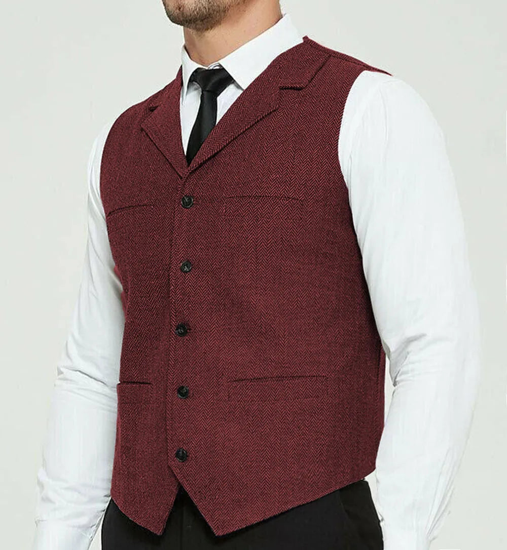 Riolio Men's Grey Herringbone Wool Tweed Slim Fit Leisure Cotton Suit Burgundy Vest Gentleman Business Waistcoat For Wedding