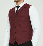 Riolio Men's Grey Herringbone Wool Tweed Slim Fit Leisure Cotton Suit Burgundy Vest Gentleman Business Waistcoat For Wedding