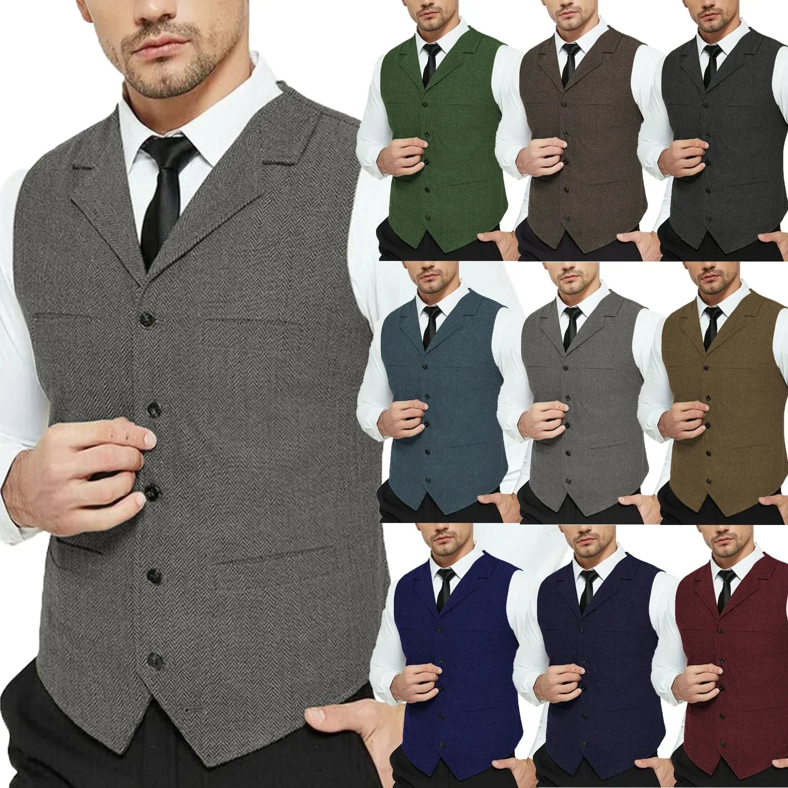 Riolio Men's Grey Herringbone Wool Tweed Slim Fit Leisure Cotton Suit Burgundy Vest Gentleman Business Waistcoat For Wedding