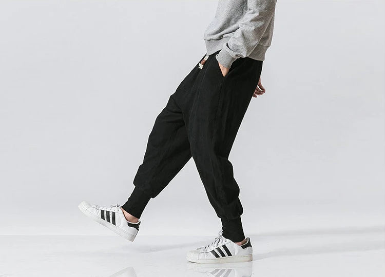 Riolio Cotton Linen Harem Pants Men Solid Elastic Waist Streetwear Joggers New Baggy Drop-crotch Pants Casual Trousers Men
