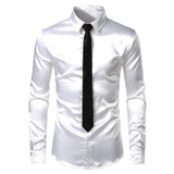 Riolio Men's 2 Pieces (Shirt+Tie) White Silk Satin Dress Shirts Slim Fit Long Sleeve Button Down Shirt Male Wedding Party Prom Chemise