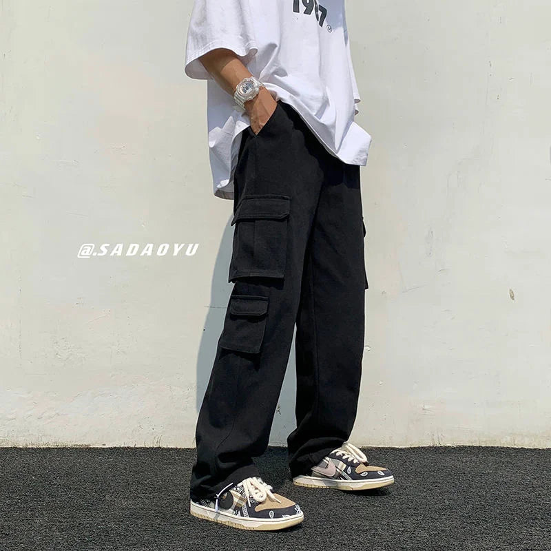 Riolio Black/white Cargo Pants Men Fashion Loose Straight Wide Leg Pants Men Streetwear Hip-hop Pocket Casual Pants Mens Trousers
