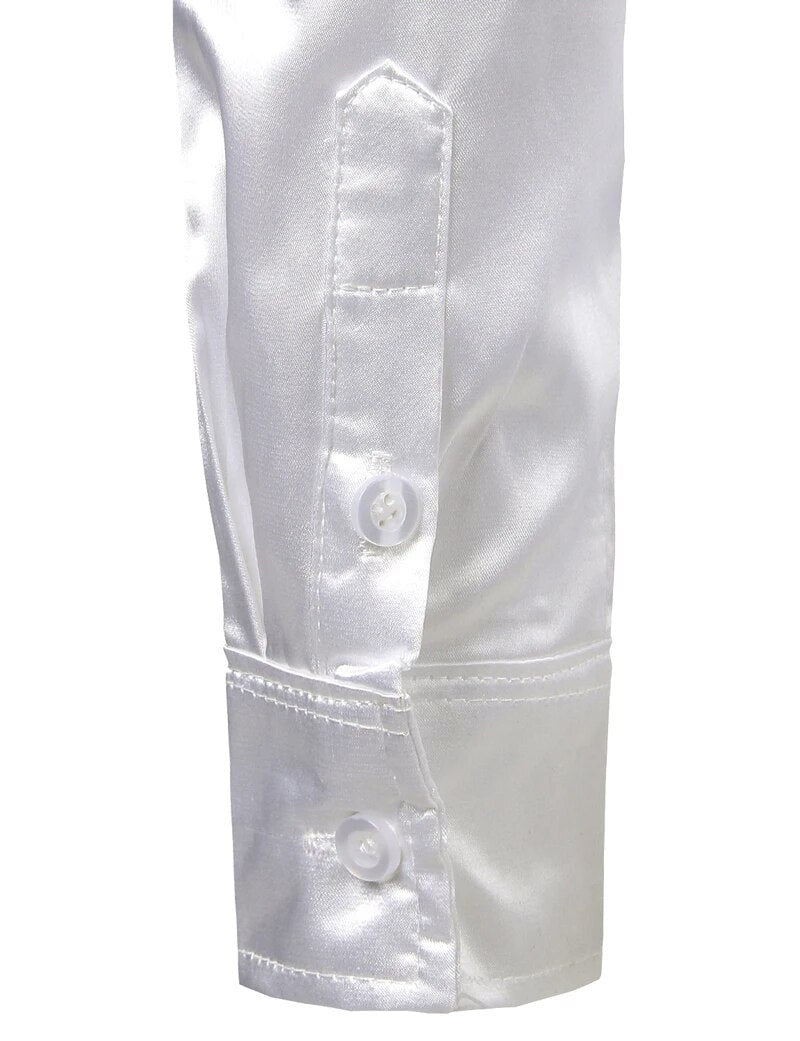 Riolio Men's 2 Pieces (Shirt+Tie) White Silk Satin Dress Shirts Slim Fit Long Sleeve Button Down Shirt Male Wedding Party Prom Chemise