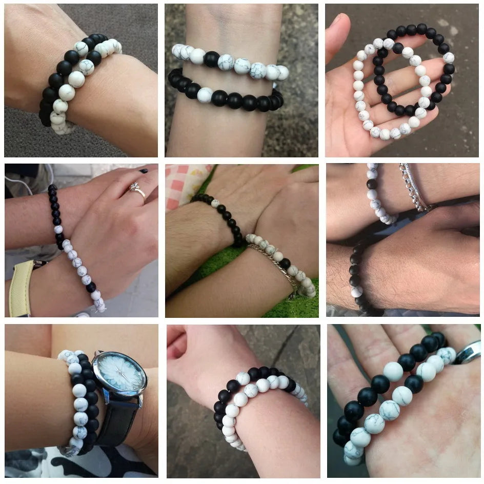Riolio 2pcs/set Style Couples Distance Bracelet Natural Stone Yoga Beaded Bracelet for Men Women Friend Gift Charm Strand Jewelry