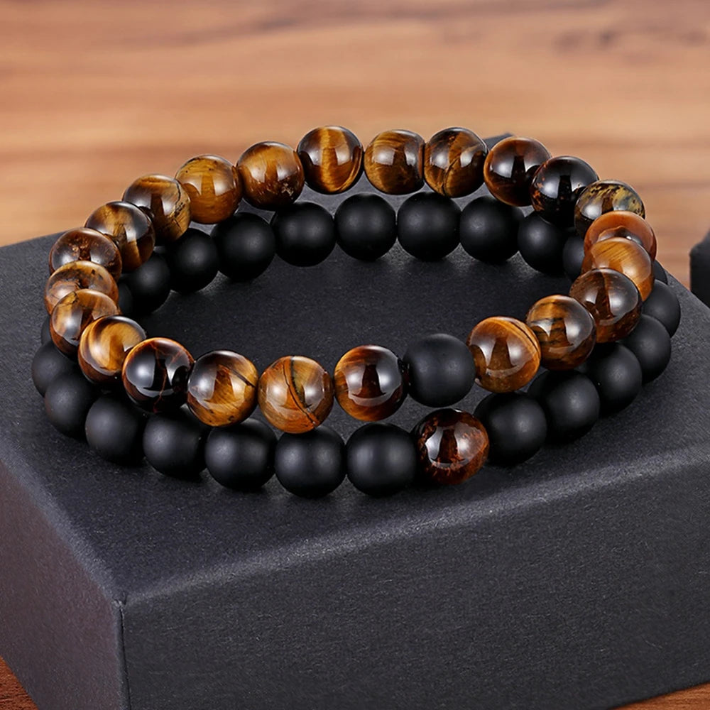 Riolio 2pcs/set Style Couples Distance Bracelet Natural Stone Yoga Beaded Bracelet for Men Women Friend Gift Charm Strand Jewelry