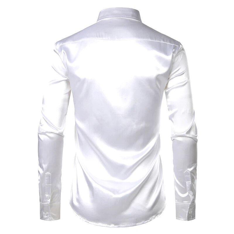 Riolio Men's 2 Pieces (Shirt+Tie) White Silk Satin Dress Shirts Slim Fit Long Sleeve Button Down Shirt Male Wedding Party Prom Chemise