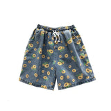 Riolio Summer Cotton Denim Shorts Men's Fashion Casual Flowers Denim Shorts Men Streetwear Korean Loose Drawstring Denim Shorts Mens