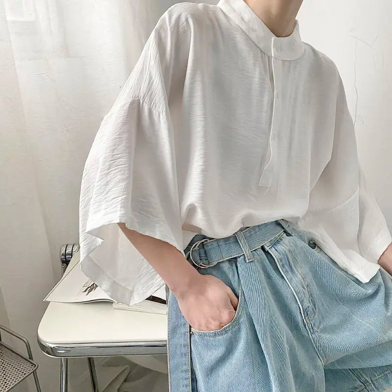 Riolio Summer Oversize Shirt Men's Fashion Black White Casual Shirt Men Streetwear Korean Loose Short Sleeve Shirts Mens Pullover Shirt