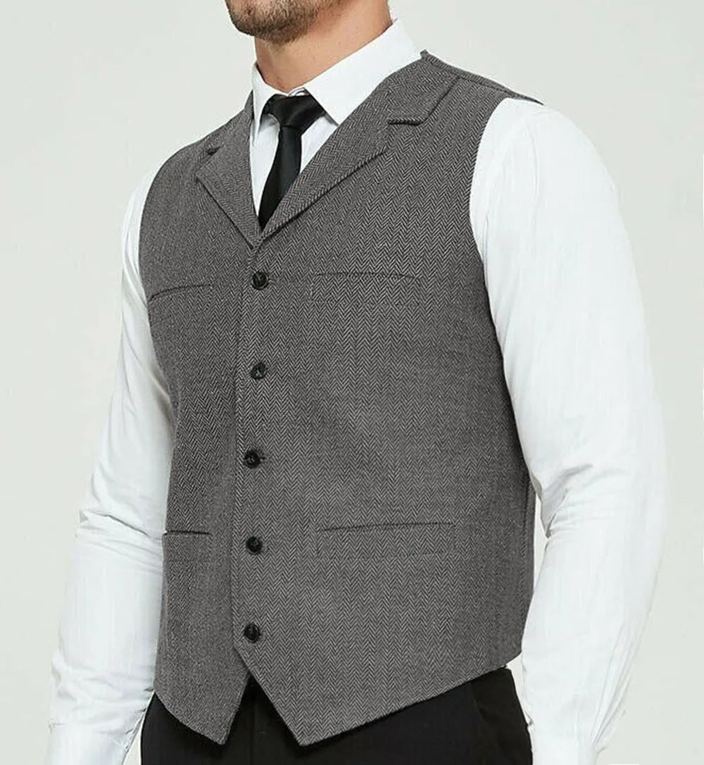 Riolio Men's Grey Herringbone Wool Tweed Slim Fit Leisure Cotton Suit Burgundy Vest Gentleman Business Waistcoat For Wedding