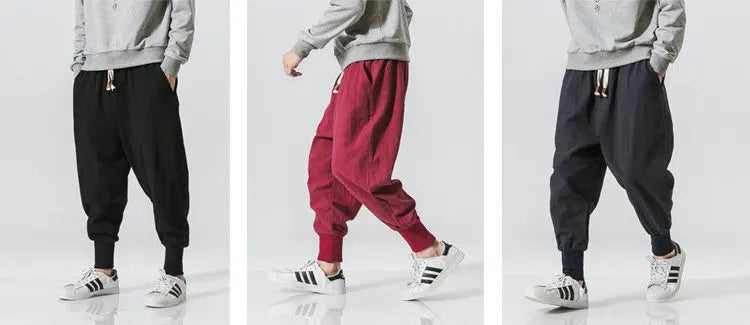 Riolio Cotton Linen Harem Pants Men Solid Elastic Waist Streetwear Joggers New Baggy Drop-crotch Pants Casual Trousers Men