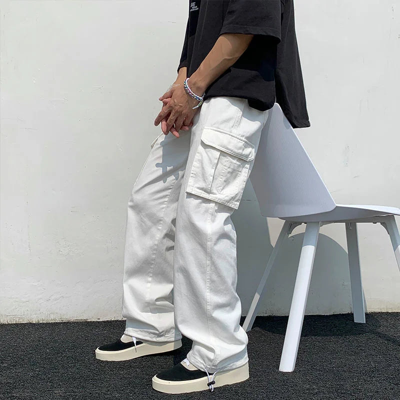 Riolio Black/white Cargo Pants Men Fashion Loose Straight Wide Leg Pants Men Streetwear Hip-hop Pocket Casual Pants Mens Trousers