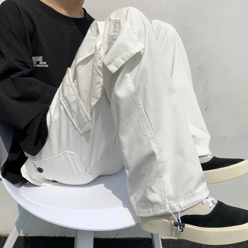 Riolio Black/white Cargo Pants Men Fashion Loose Straight Wide Leg Pants Men Streetwear Hip-hop Pocket Casual Pants Mens Trousers