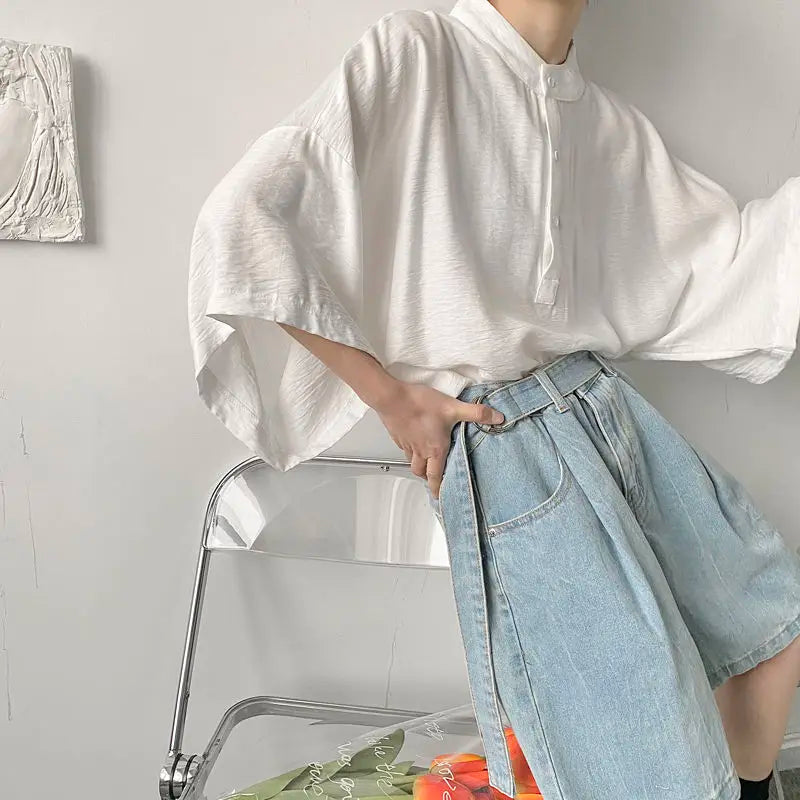 Riolio Summer Oversize Shirt Men's Fashion Black White Casual Shirt Men Streetwear Korean Loose Short Sleeve Shirts Mens Pullover Shirt