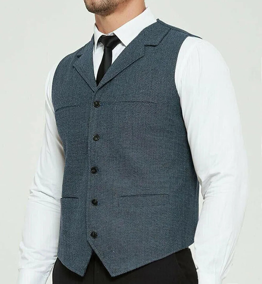Riolio Men's Grey Herringbone Wool Tweed Slim Fit Leisure Cotton Suit Burgundy Vest Gentleman Business Waistcoat For Wedding