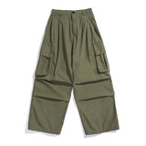 Riolio Multi-Pocket Cargo Pants Mens Safari Style Solid Color Pleated Loose Straight-leg Pants Elastic Waist Casual Trousers Men