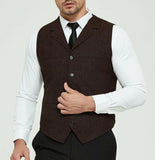 Riolio Men's Grey Herringbone Wool Tweed Slim Fit Leisure Cotton Suit Burgundy Vest Gentleman Business Waistcoat For Wedding