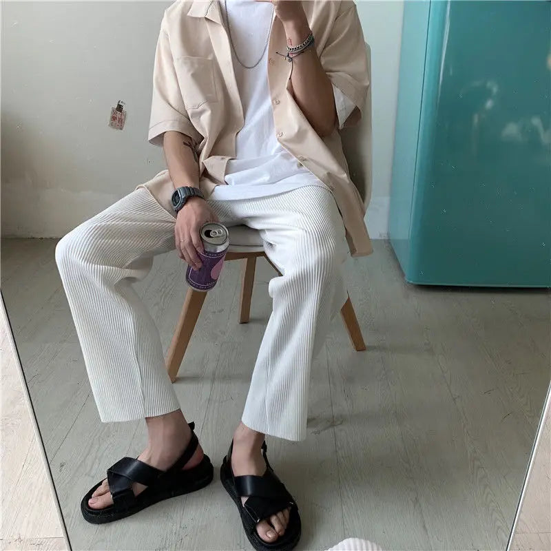Riolio Pleated Pants Men Summer Straight Casual Pants Men Japanese Streetwear Loose Ice Silk Pants Mens Wide Leg Pants Man Trousers