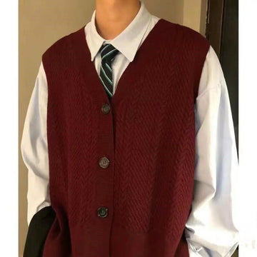 Riolio Men's Vintage Style Wine Red Color Knitted Loose Cardigan Casual Sweater Vest Fashion Trend Korean Black Students Coats