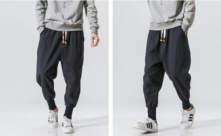 Riolio Cotton Linen Harem Pants Men Solid Elastic Waist Streetwear Joggers New Baggy Drop-crotch Pants Casual Trousers Men