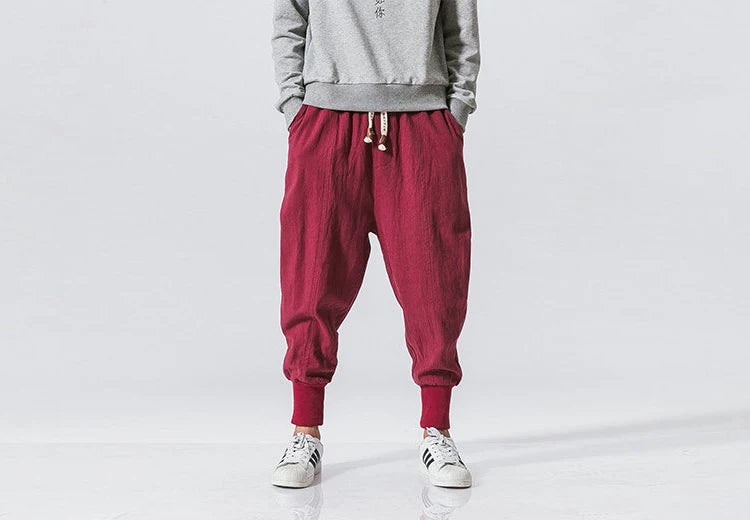 Riolio Cotton Linen Harem Pants Men Solid Elastic Waist Streetwear Joggers New Baggy Drop-crotch Pants Casual Trousers Men