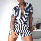 Riolio Men's Striped Romper Shorts Fashion Casual Playsuit Short Sleeve Button-down Shorts Lapel Jumpsuit Drawstring Streetwear S-3XL