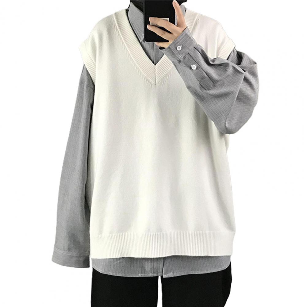 Men Sweater Vest V Neck Solid Color Sleeveless All Match Spring Sweater for School Male Pullovers Men's Clothing Streetwear
