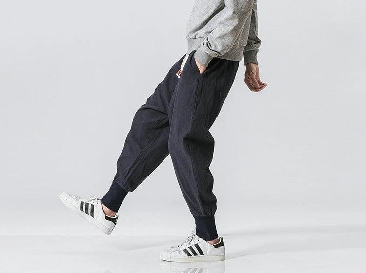 Riolio Cotton Linen Harem Pants Men Solid Elastic Waist Streetwear Joggers New Baggy Drop-crotch Pants Casual Trousers Men
