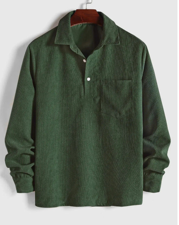 Riolio Shirts for Men Corduroy Long Sleeves Shirt Half Button Solid Blouses Fall Spring Streetwear Overshirts Tops with Pocket