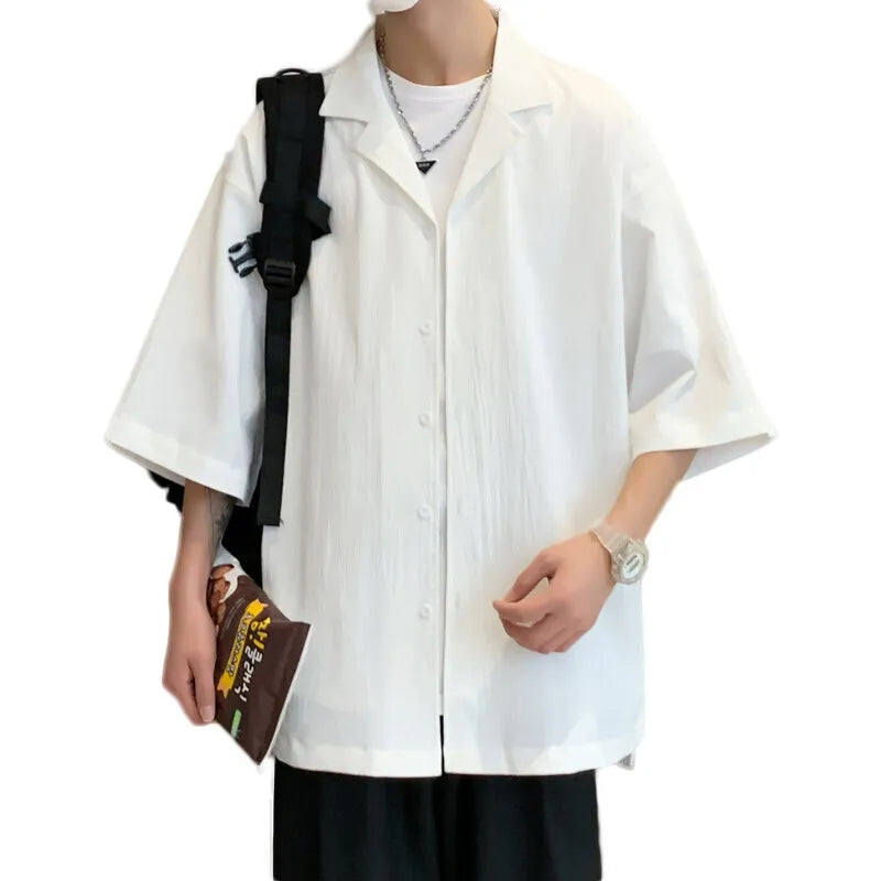 Riolio Summer Short Sleeved Shirt Men Fashion Casual Shirt Men Streetwear Korean Loose Ice Silk White Shirt Mens Large Size 5XL