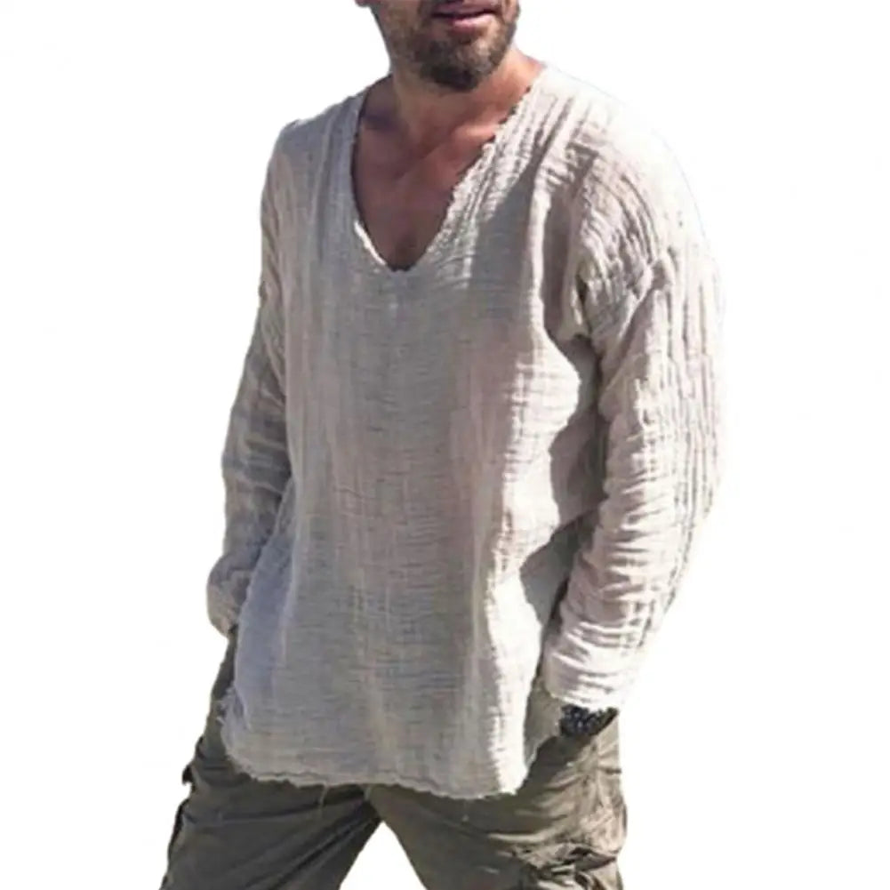 Riolio Men V-neck Long Sleeve Shirt Tops Burr Edge Pleated Loose Thin Pullover Tops Streetwear Spring Autumn Casual Handsome Men Shirts
