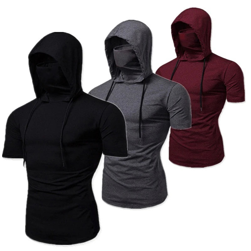 Riolio Summer Hooded T-Shirt Stretch Pullover Slim Fitness Personality Stretch Leisure Sport Shirt Ninja Suit Short-sleeved Mask Top