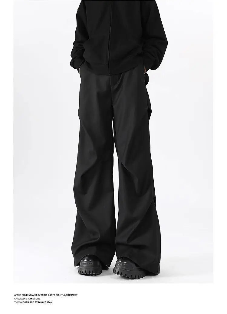 Riolio American High Street Pleated Pants Floor Mopping Micro Trumpet Black Trousers Luxury Sense Clean Fit Casual Curved Knife Pants