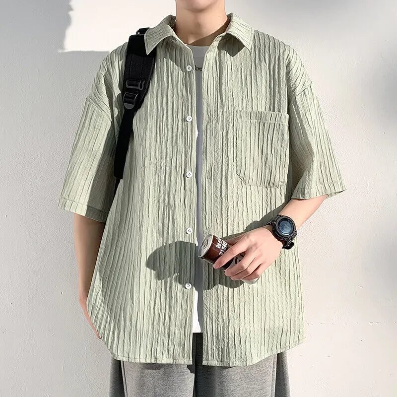 Riolio Summer Short Sleeved Shirt Men Black White Casual Shirts Men Streetwear Loose Pleated Shirts Man Fashion Shirt Large Size 5XL