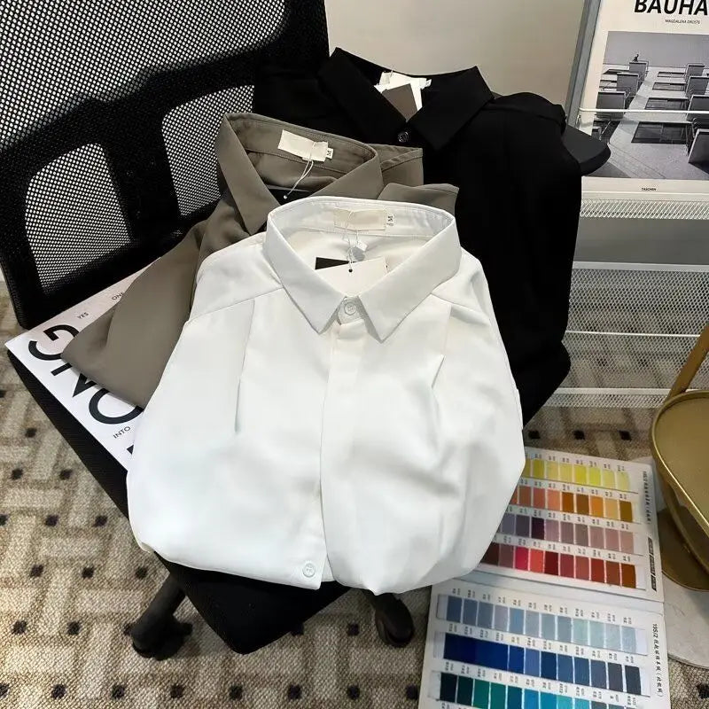 Riolio Korean High-end Long-sleeved Shirt Men's Solid Color High-end Droop Top Spring and Autumn Loose Handsome Shirt Chic Streetwear