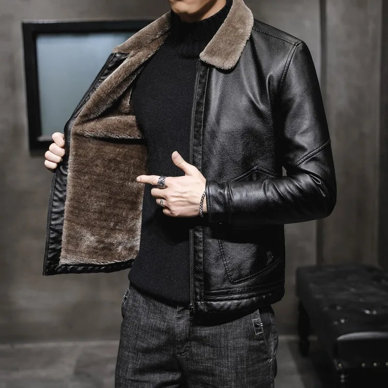Riolio Casual Punk Rock Thick Leather Coats Slim Windproof Blazer Stand Collar Outwear Men's Pu Leather Jacket Zipper Motorcycle Jacket