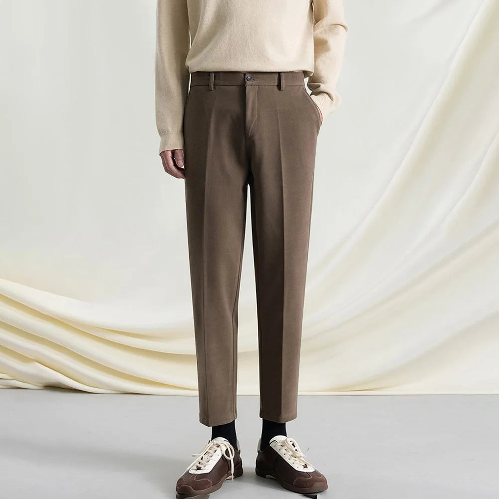 Riolio New Autumn And Winter Men's Solid Color Thick Nine-Point Suit Pants Retro Fashion Trend Loose Casual Simple Daily Men's Bottoms