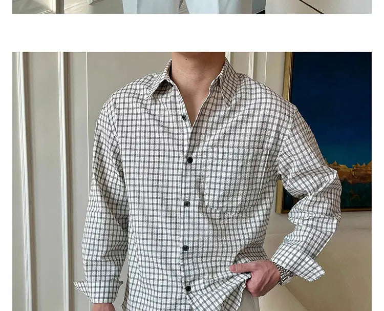Riolio  New American Retro Men Shirts Light Luxury Textured Lapel Plaid Long Sleeve Cardigan Leisure Trendy Premium Check Blouse M-2XL
