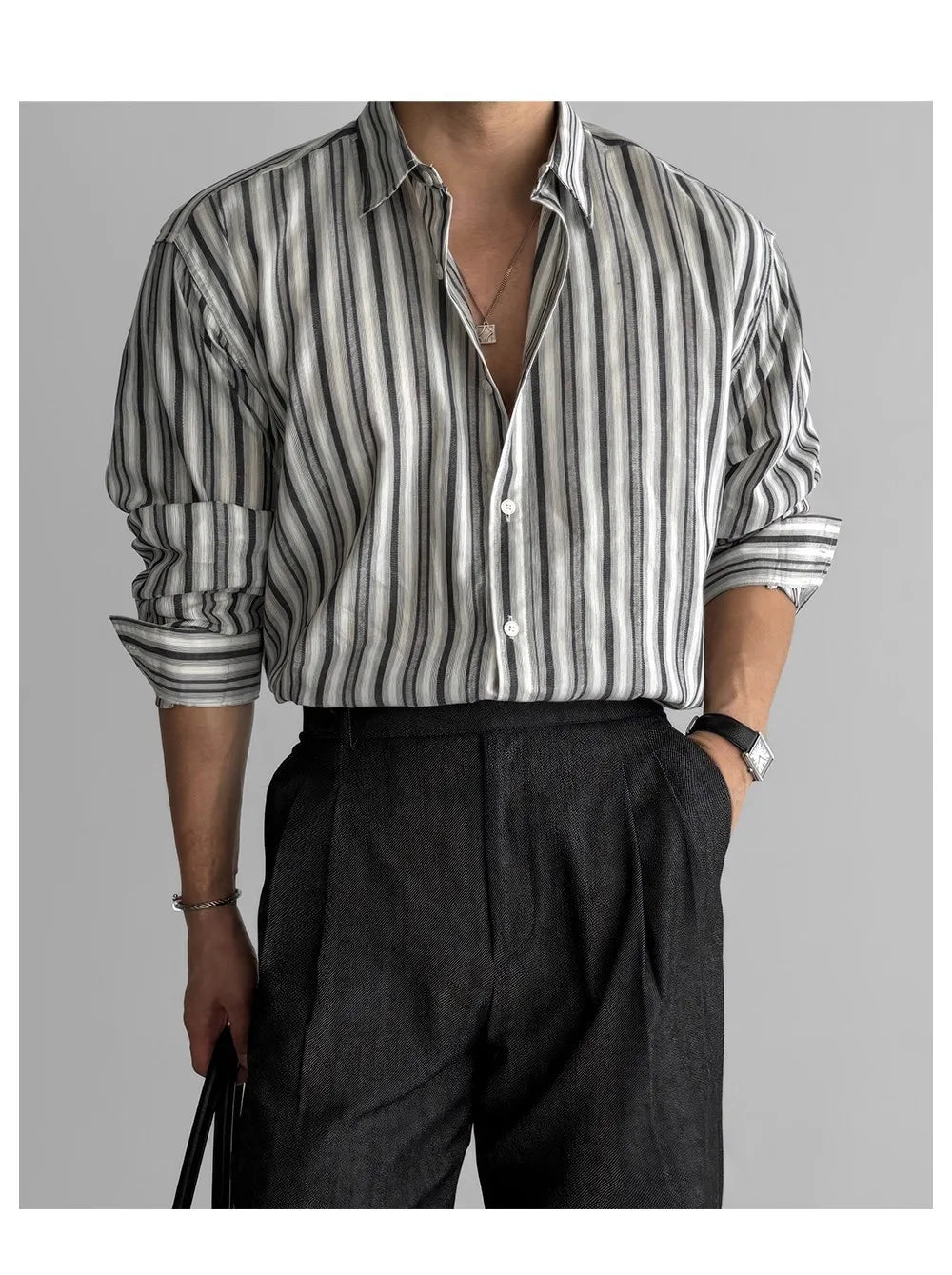 Riolio New Naples Business Men Shirts Light Luxury Textured Lapel Striped Long Sleeve Cardigan Leisure Premium Commuter Blouse M-2XL