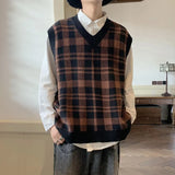 Riolio Sweater Vest Men Streetwear Designer Plaid All-match Casual Handsome Knitting Japanese Stylish Retro Baggy Students Unisex Chic