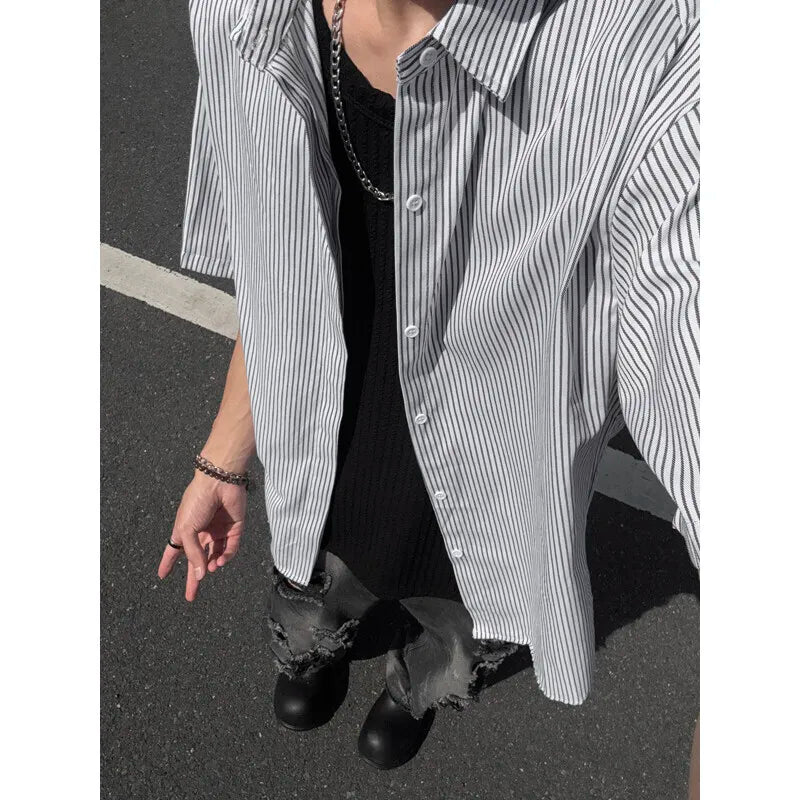 Riolio Summer Short Sleeved Shirt Men Black Blue Casual Shirt Men Streetwear Korean Loose Striped Shirt Mens Formal Dress Shirts