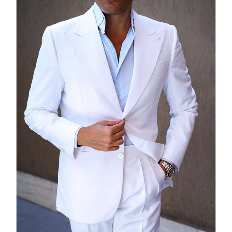 Riolio New Design Business 2 Piece Men Suits Slim Fit Peak Lapel Groomsmen Tuxedo White Formal Wedding Male Suit (Blazer+Pants)