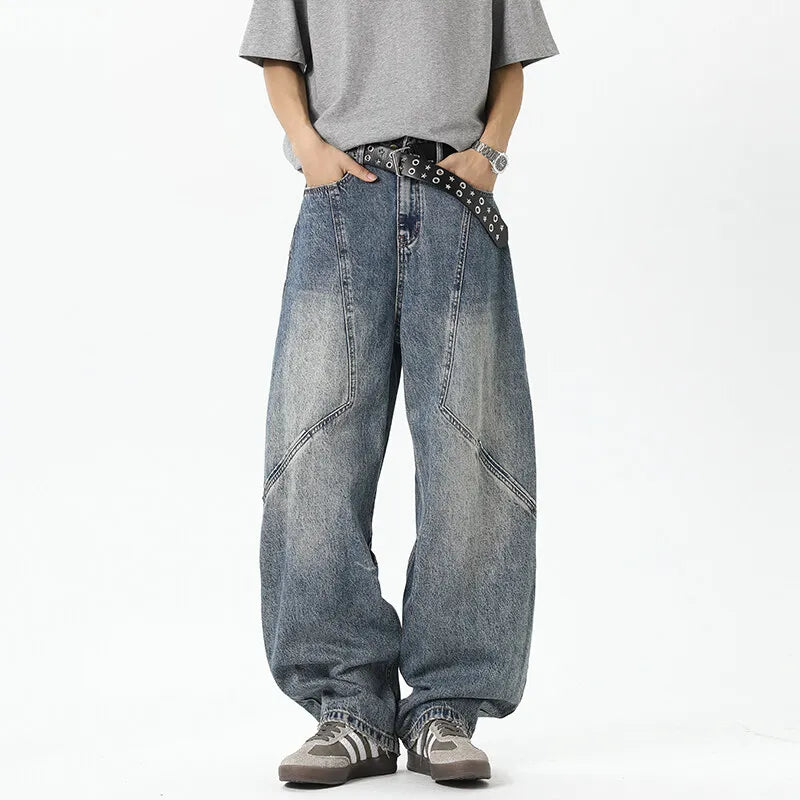 Riolio Mens Relaxed Fit Wide Leg Jeans Patchwork Design Floor Length Baggy Streetwear Casual Denim Pants 2025 Trendy Loose Trousers