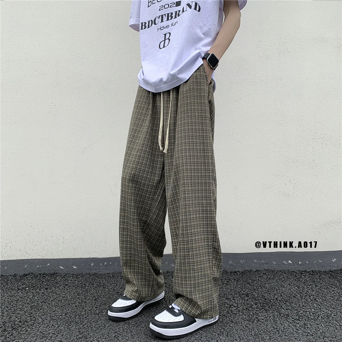 Riolio Summer/Autumn Plaid Pants Men Loose Casual Straight Trousers for Male/Female Harajuku Hip-hop Streetwear Wide-leg Mopping Pants