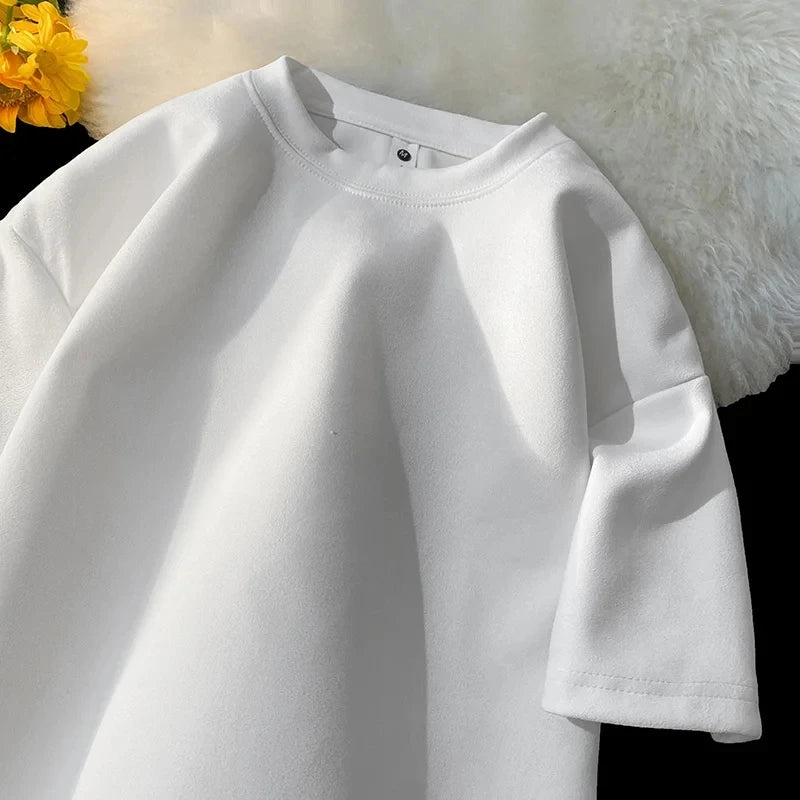 Riolio Summer Short Sleeve T-shirt Men Fashion Retro Suede T Shirt Men Streetwear Hip Hop Loose Round Neck Solid Color Tshirt Mens Top