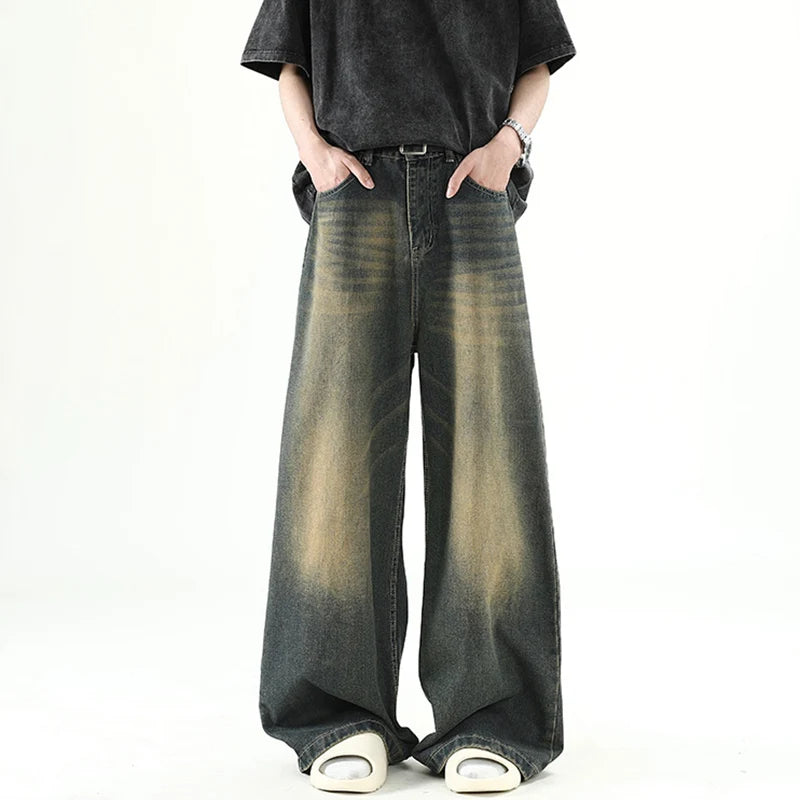 Riolio Men Denim Pants Old Blue Washed Male Jeans Straight Casual Menwear Loose Wide Leg Trousers New Fashion Korean High Street Denim
