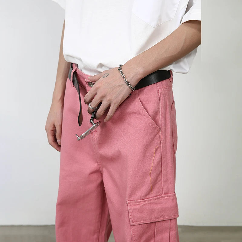 Riolio Pink Cargo Jeans Pants Men Oversize Wide Leg Denim Trousers Male Loose Casual Japanese Streetwear Hip Hop Pocket