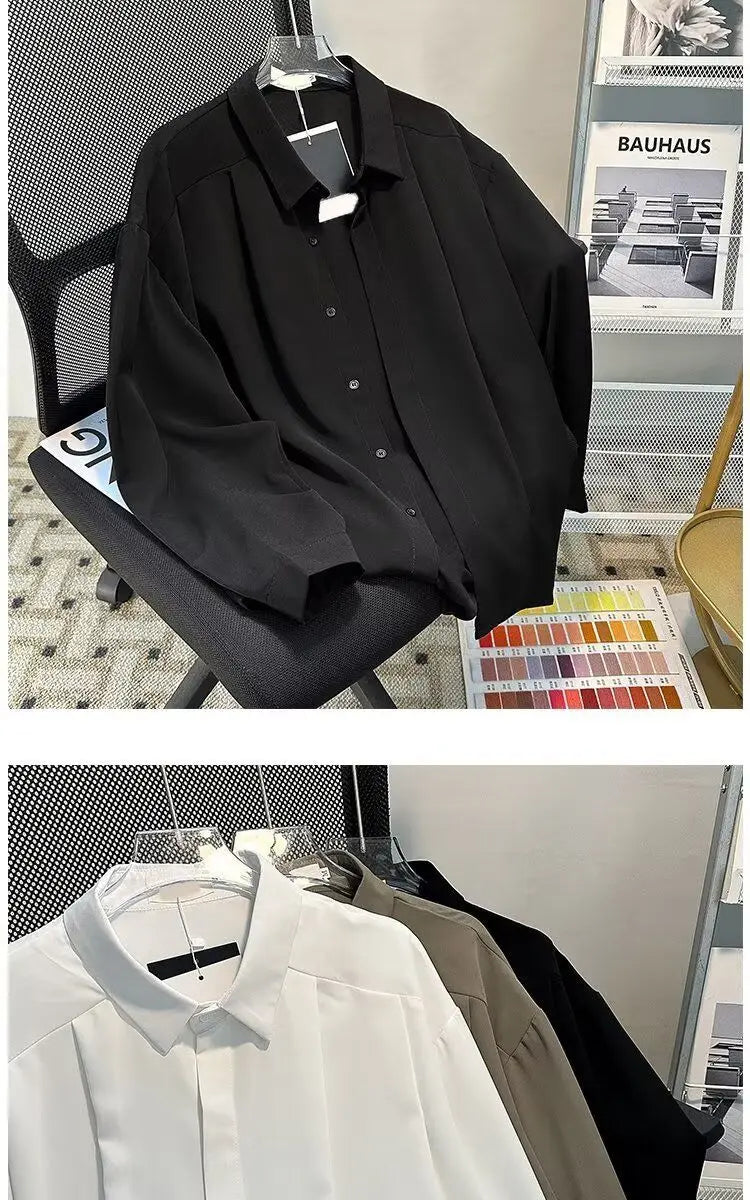 Riolio Korean High-end Long-sleeved Shirt Men's Solid Color High-end Droop Top Spring and Autumn Loose Handsome Shirt Chic Streetwear