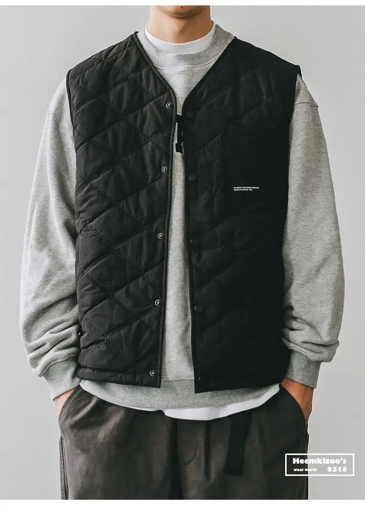 Riolio Cotton-layered Fashionable Vest Men with Autumn Winter Simple Casual Light Heated Inner Vest Cardigan Work Vest Top Aesthetic